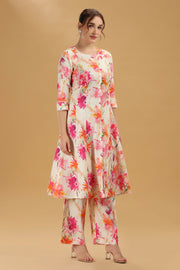 Off White & Pink Cotton Floral Printed A Line Kurta Pant Co ord Set for women