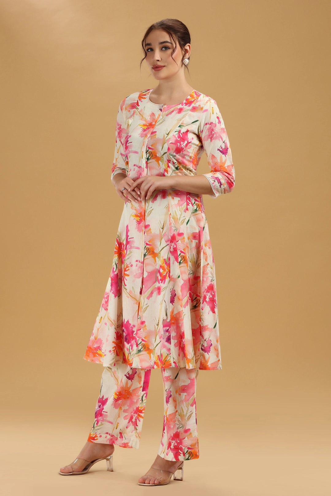 Off White & Pink Cotton Floral Printed A Line Kurta Pant Co ord Set for women