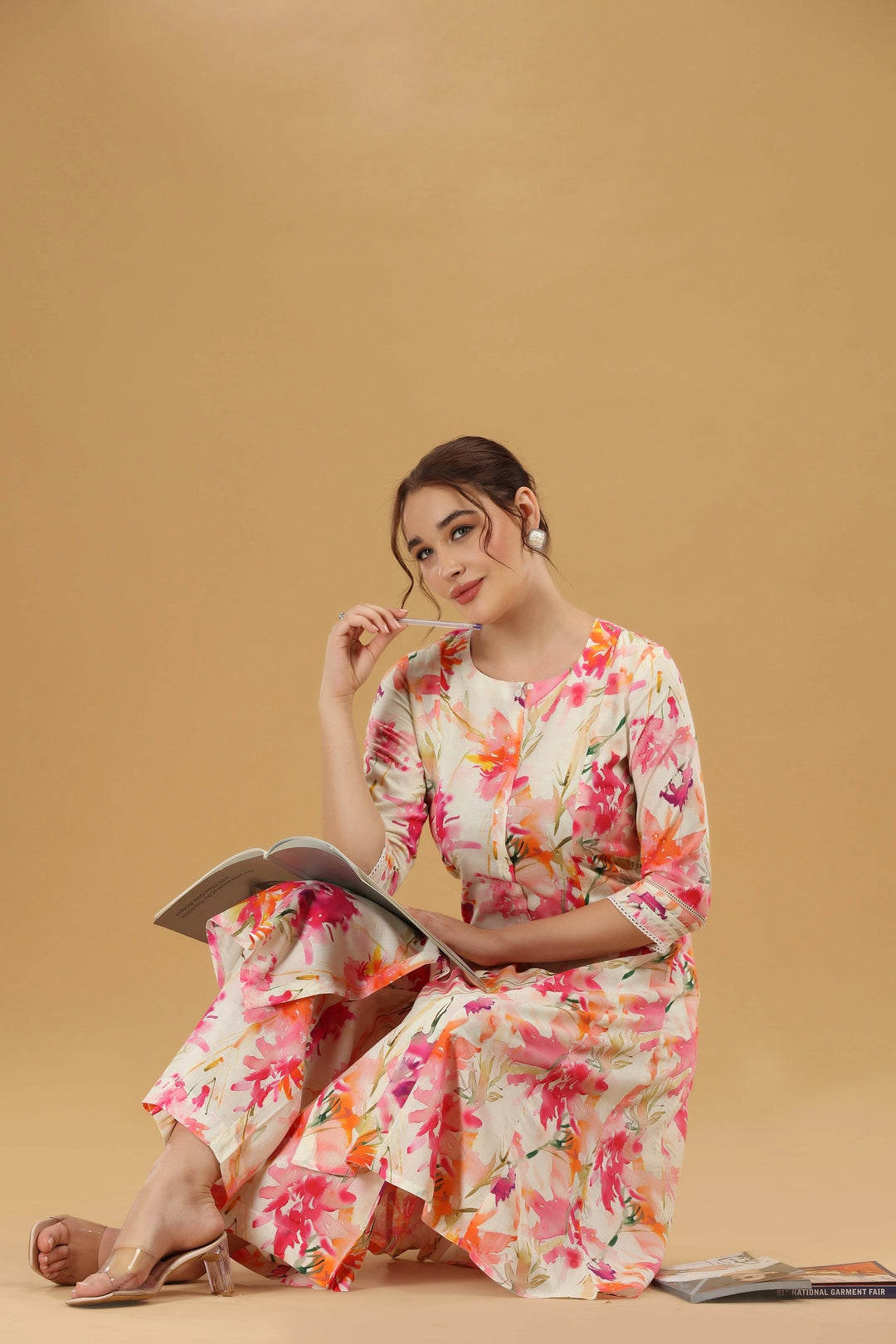 Off White & Pink Cotton Floral Printed A Line Kurta Pant Co ord Set for women