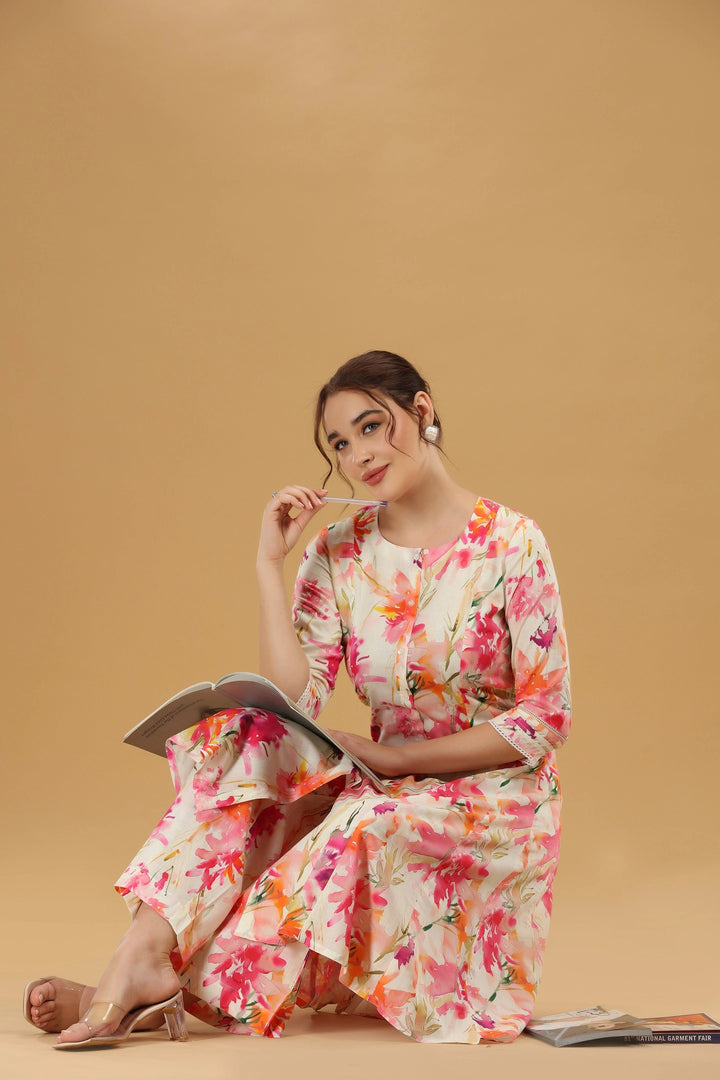 Off White & Pink Cotton Floral Printed A Line Kurta Pant Co ord Set for women