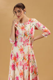 Off White & Pink Cotton Floral Printed A Line Kurta Pant Co ord Set for women