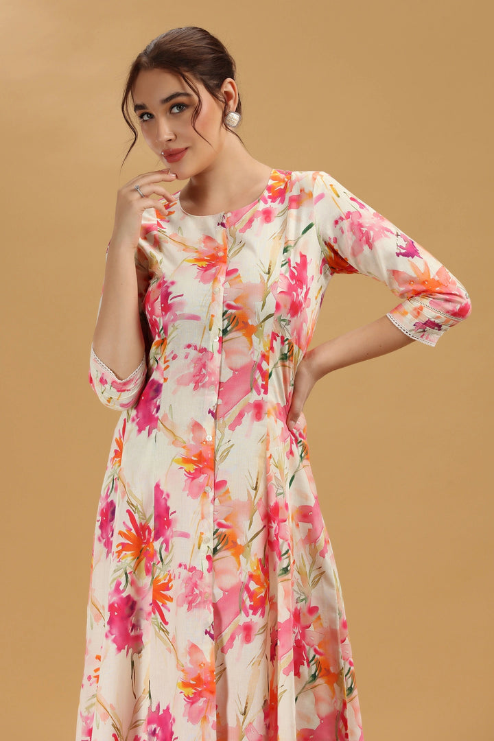 Off White & Pink Cotton Floral Printed A Line Kurta Pant Co ord Set for women