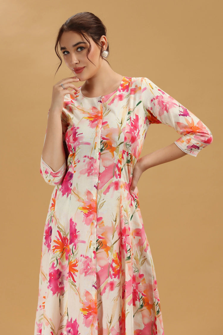 Off White & Pink Cotton Floral Printed A Line Kurta Pant Co ord Set for women