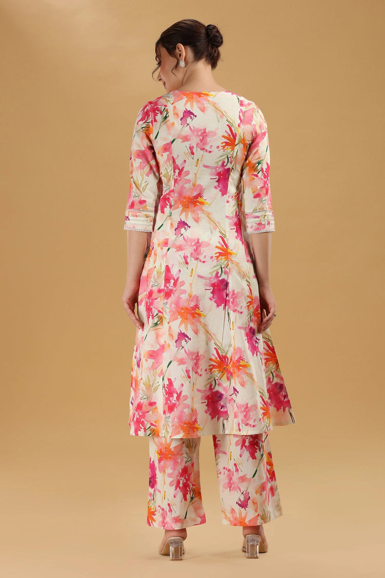 Off White & Pink Cotton Floral Printed A Line Kurta Pant Co ord Set for women