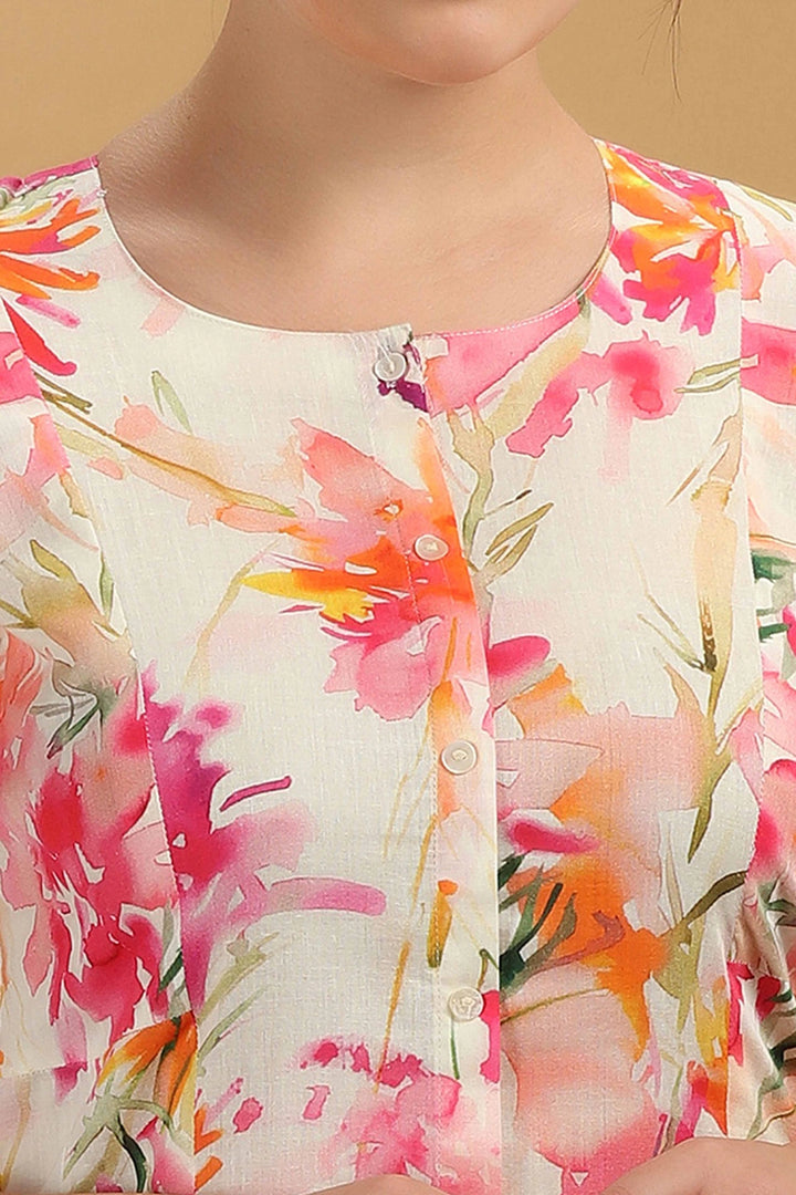 Off White & Pink Cotton Floral Printed A Line Kurta Pant Co ord Set for women