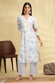 Off White & Sky Blue Printed Cotton Straight Kurta Pant Co ord Set  for women