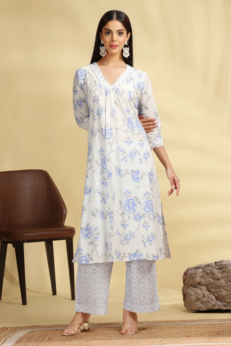 Off White & Sky Blue Printed Cotton Straight Kurta Pant Co ord Set  for women