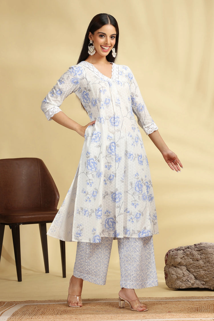 Off White & Sky Blue Printed Cotton Straight Kurta Pant Co ord Set  for women