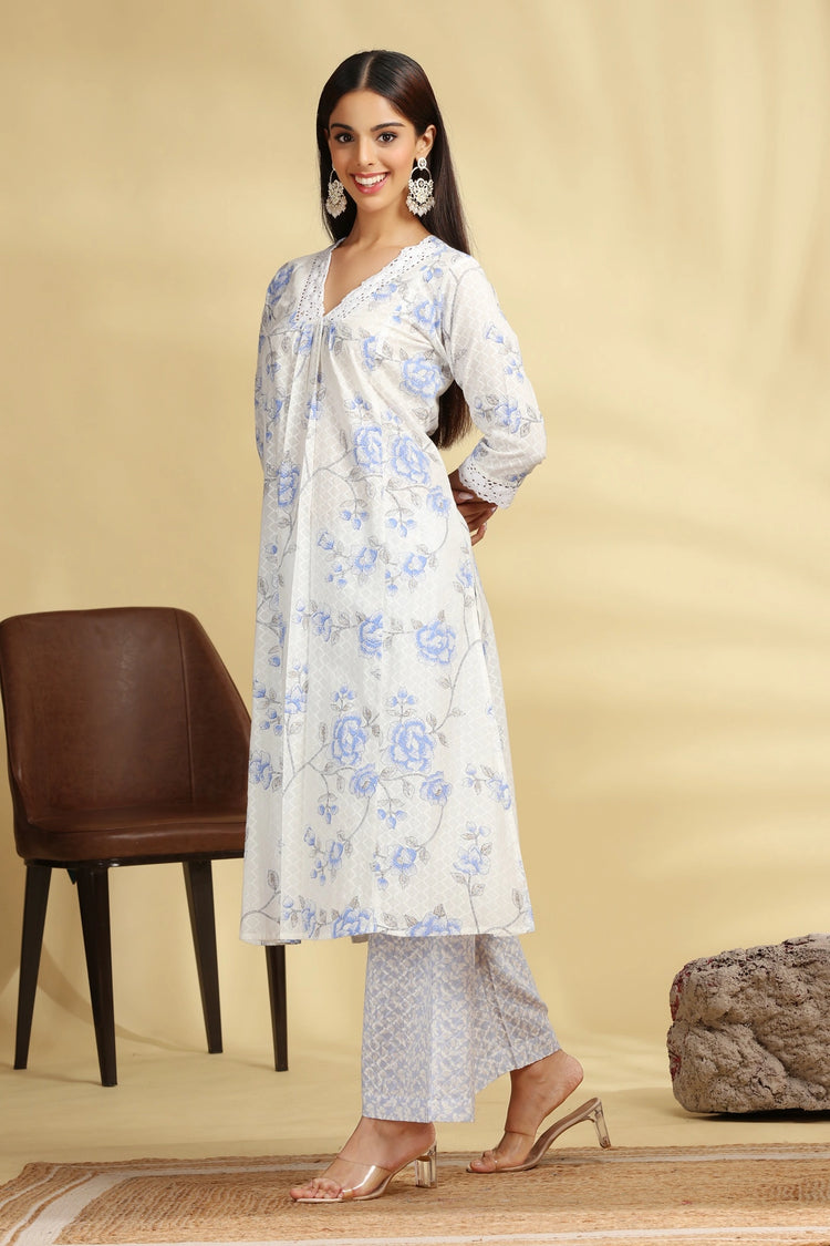 Off White & Sky Blue Printed Cotton Straight Kurta Pant Co ord Set  for women