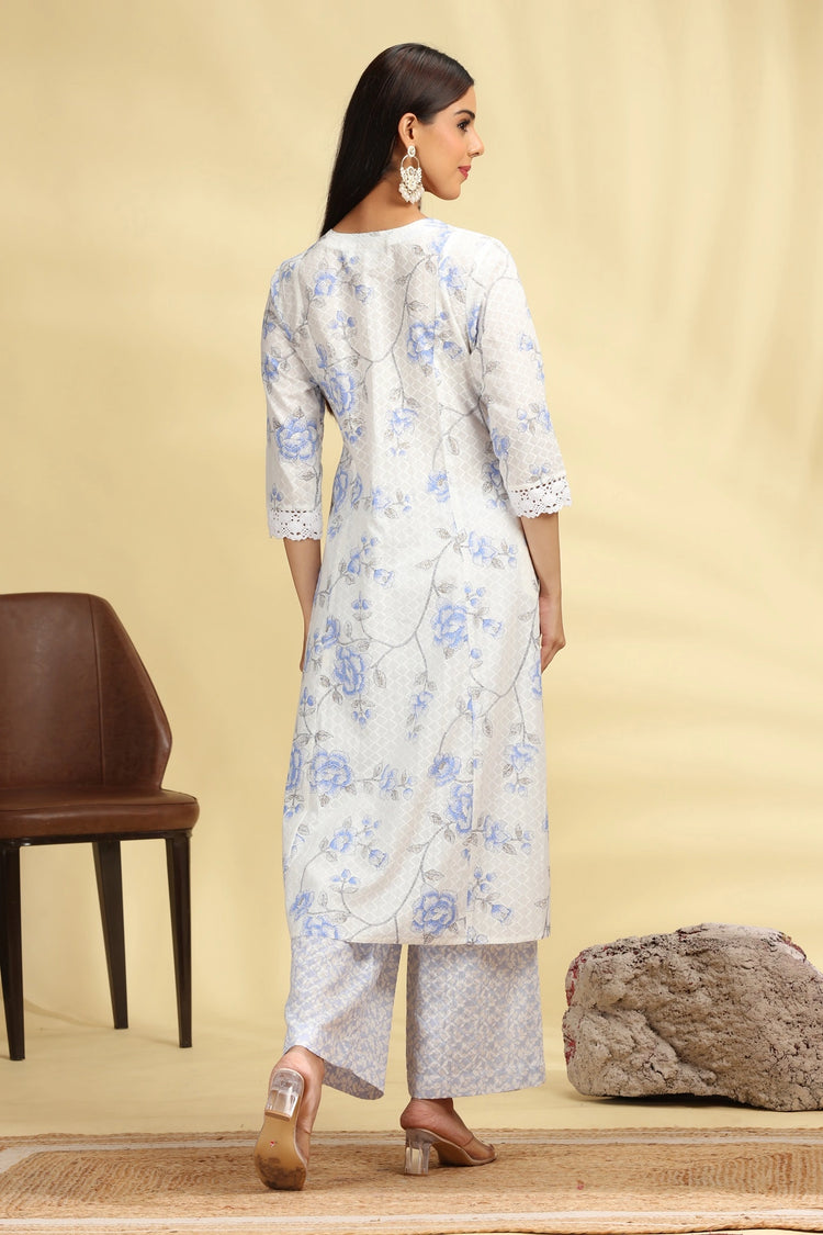 Off White & Sky Blue Printed Cotton Straight Kurta Pant Co ord Set  for women