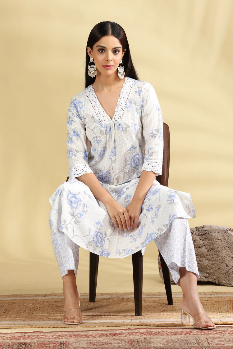 Off White & Sky Blue Printed Cotton Straight Kurta Pant Co ord Set  for women