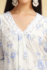 Off White & Sky Blue Printed Cotton Straight Kurta Pant Co ord Set  for women