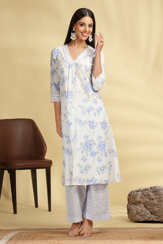 Off White & Sky Blue Printed Cotton Straight Kurta Pant Co ord Set  for women