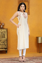 Off White Embroidered Cotton Flex A Line Sleeveles Kurta