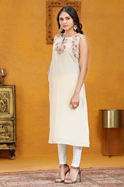 Off White Embroidered Cotton Flex A Line Sleeveles Kurta