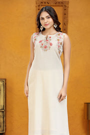 Off White Embroidered Cotton Flex A Line Sleeveles Kurta
