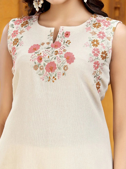 Off White Embroidered Cotton Flex A Line Sleeveles Kurta