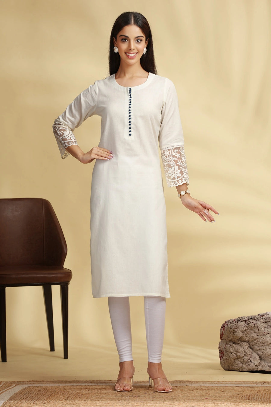 Off White Embroidered Flex Cotton Straight Kurta
