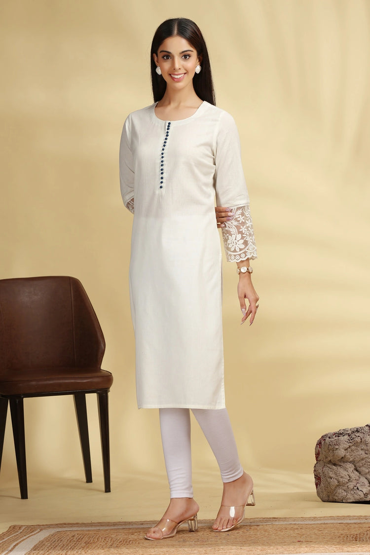 Off White Embroidered Flex Cotton Straight Kurta for women