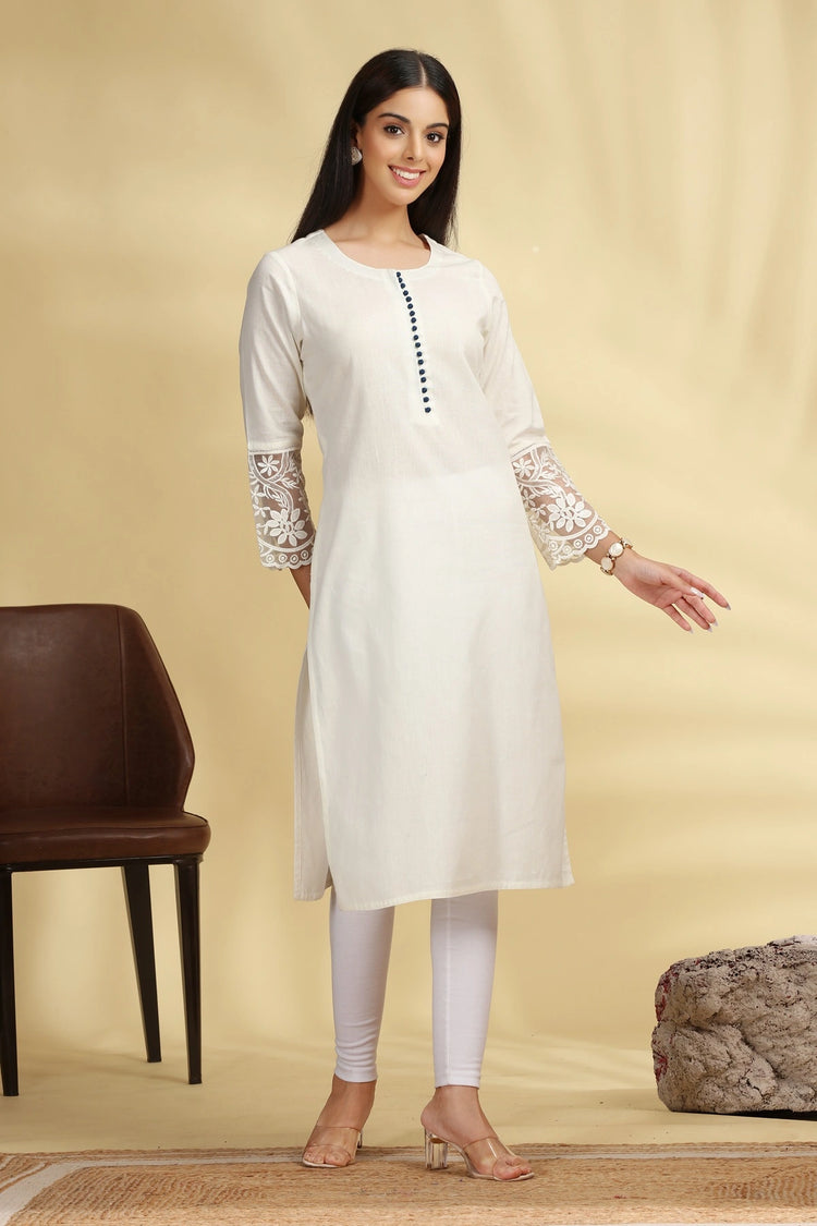 Off White Embroidered Flex Cotton Straight Kurta for women