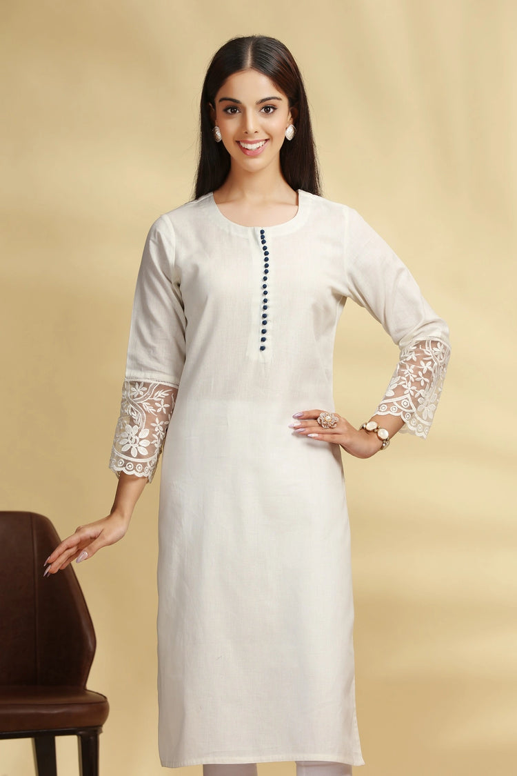 Off White Embroidered Flex Cotton Straight Kurta for women