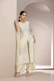 Off White Chanderi Embroidered A Line Kurta Pant & Dupatta Set