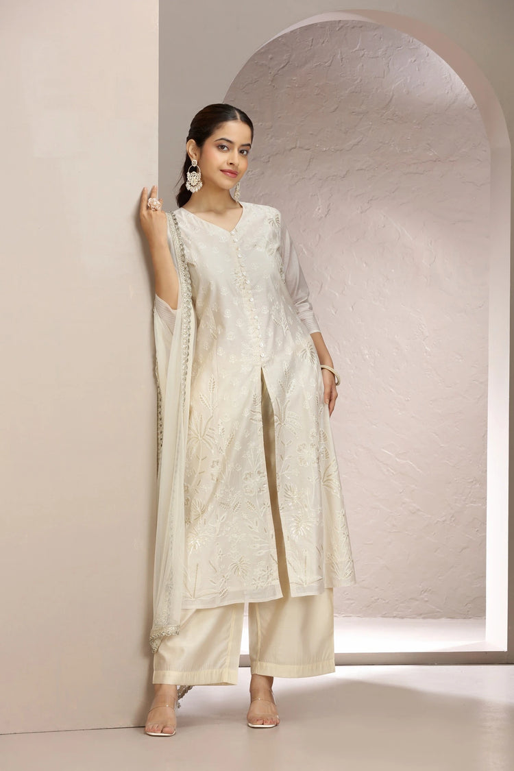 Off White Chanderi Embroidered A Line Kurta Pant & Dupatta Set