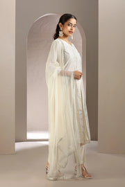 Off White Chanderi Embroidered A Line Kurta Pant & Dupatta Set