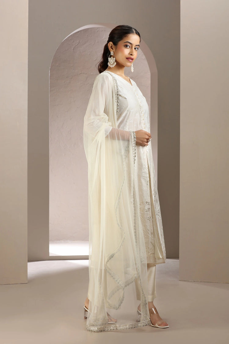 Off White Chanderi Embroidered A Line Kurta Pant & Dupatta Set
