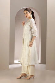 Off White Chanderi Embroidered A Line Kurta Pant & Dupatta Set