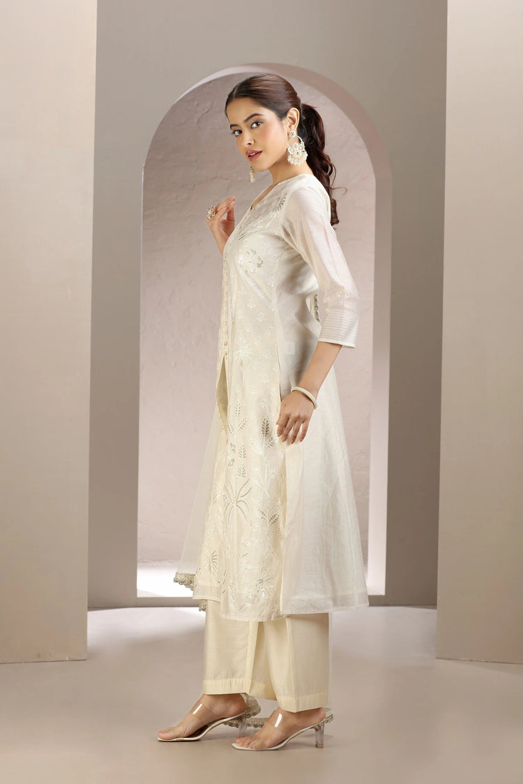 Off White Chanderi Embroidered A Line Kurta Pant & Dupatta Set