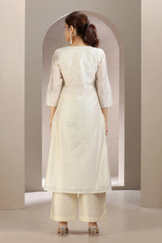 Off White Chanderi Embroidered A Line Kurta Pant & Dupatta Set