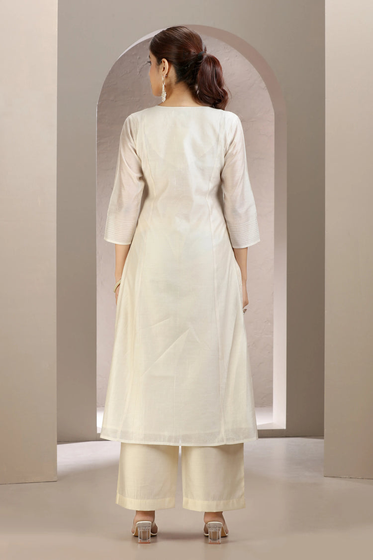 Off White Chanderi Embroidered A Line Kurta Pant & Dupatta Set