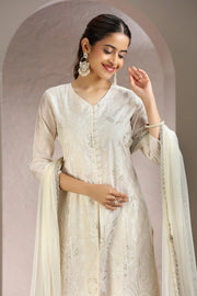 Off White Chanderi Embroidered A Line Kurta Pant & Dupatta Set