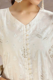 Off White Chanderi Embroidered A Line Kurta Pant & Dupatta Set