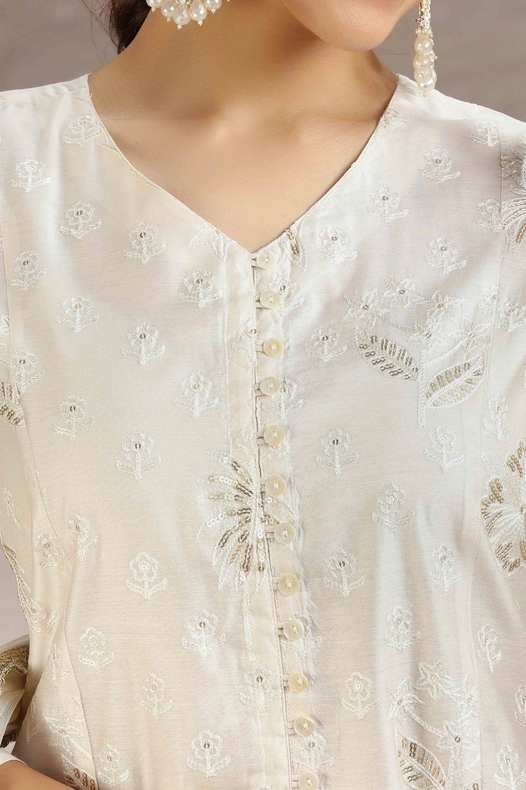 Off White Chanderi Embroidered A Line Kurta Pant & Dupatta Set