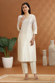 Off White Chanderi Straight Embroidered coord set or woman and girl