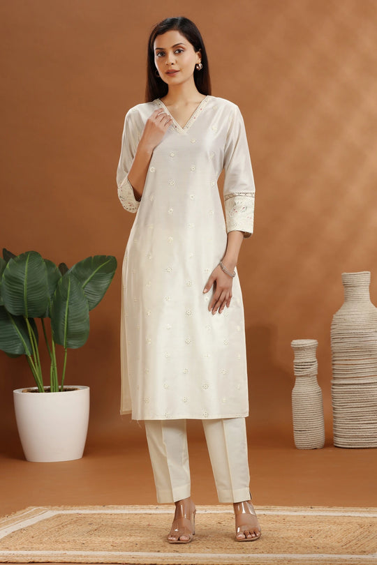 Off White Chanderi Straight Embroidered coord set or woman and girl