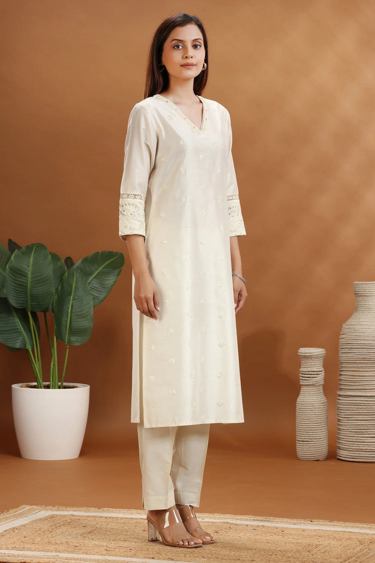 Off White Chanderi Straight Embroidered coord set or woman and girl