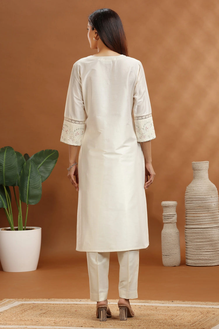 Off White Chanderi Straight Embroidered coord set or woman and girl