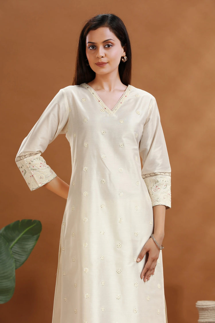 Off White Chanderi Straight Embroidered coord set or woman and girl