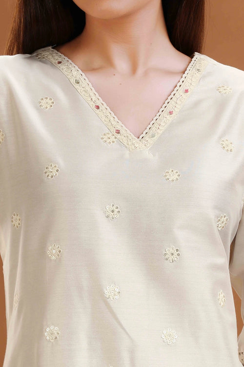 Off White Chanderi Straight Embroidered coord set or woman and girl