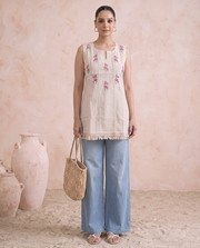 Off White Cotton Flax Embroidered Sleeveless Tunic