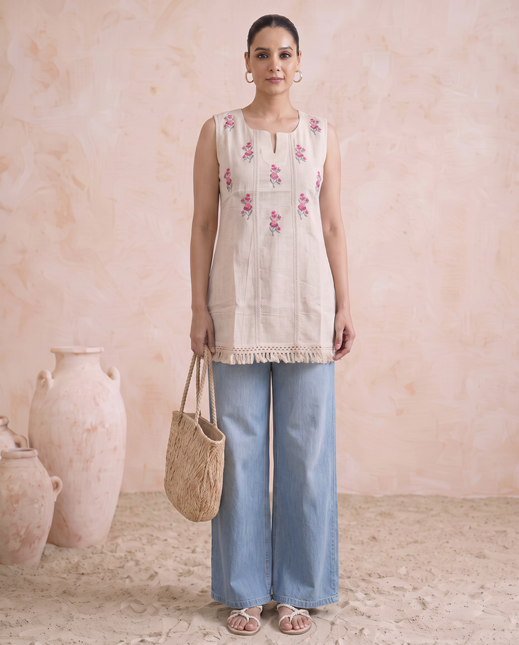 Off White Cotton Flax Embroidered Sleeveless Tunic