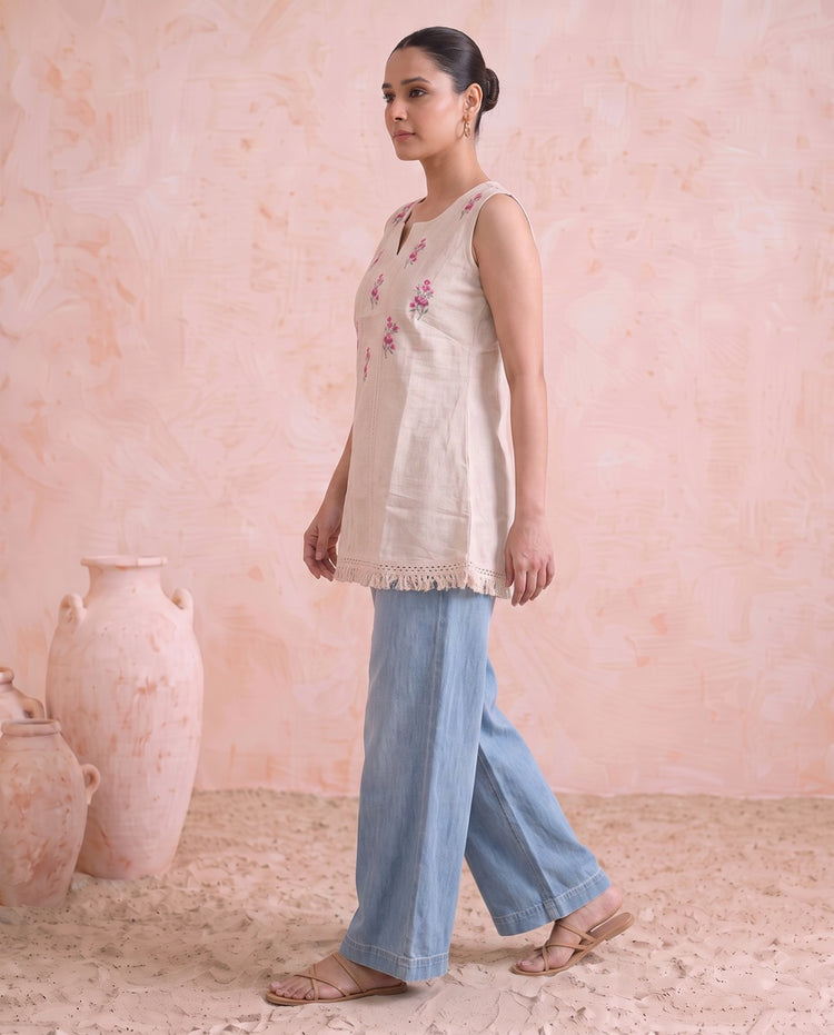 Off White Cotton Flax Embroidered Sleeveless Tunic