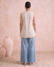 Off White Cotton Flax Embroidered Sleeveless Tunic