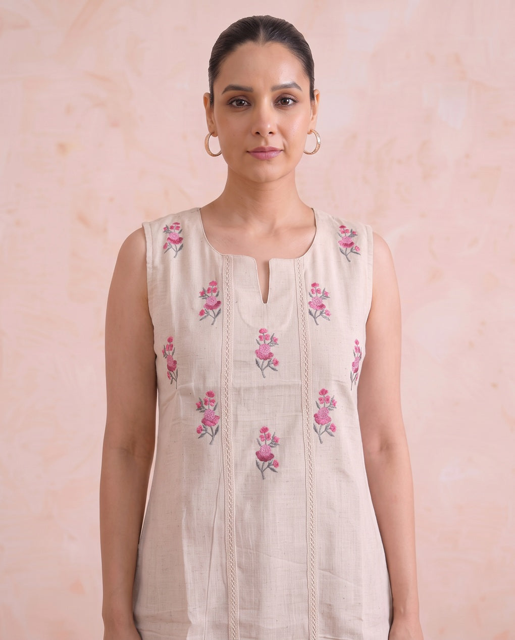 Off White Cotton Flax Embroidered Sleeveless Tunic