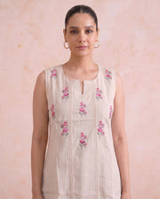 Off White Cotton Flax Embroidered Sleeveless Tunic
