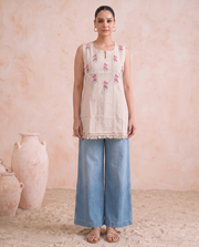 Off White Cotton Flax Embroidered Sleeveless Tunic