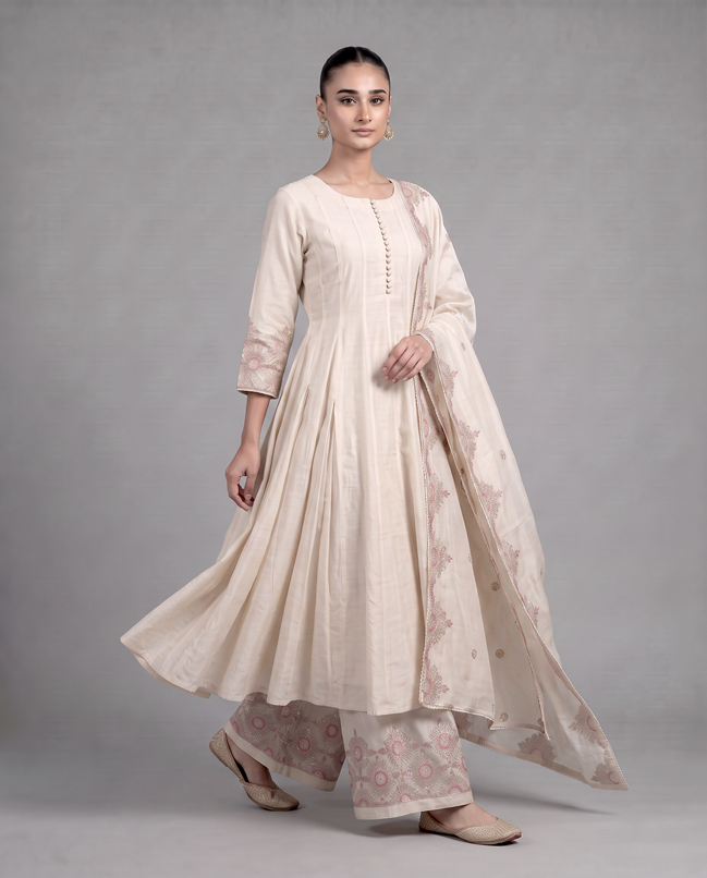 Off White Embroidered Ethnic Kurta Set with Dupatta